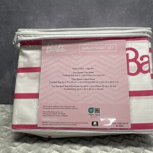 Barbie Queen Bed Sheet Set 100% Cotton White & Pink Stripe 4pc Franco